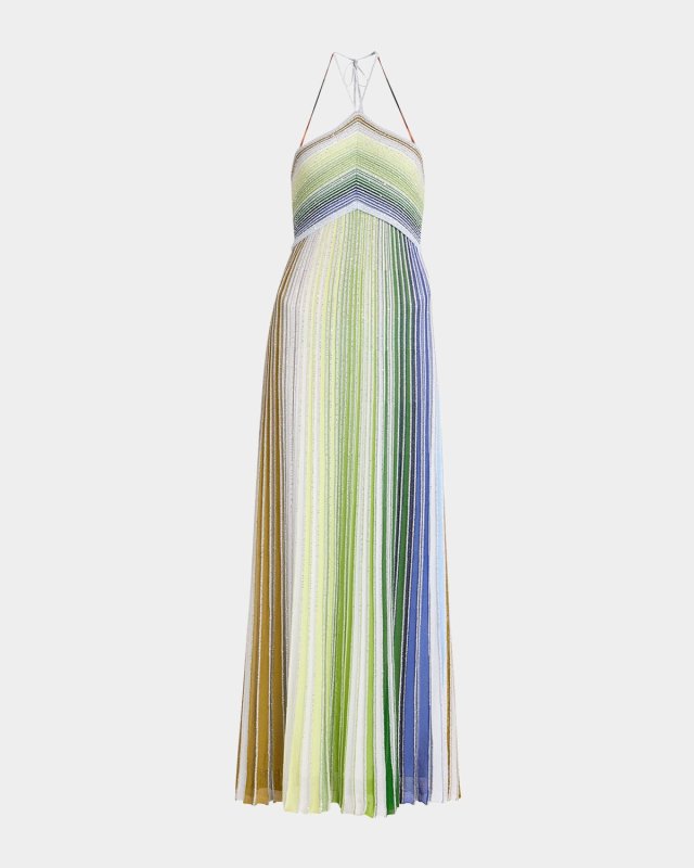 Paillette Stripe Pleated Knit Halter Maxi Dress